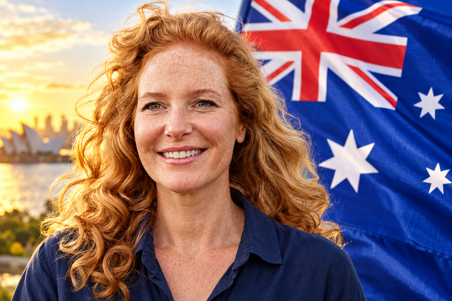 Woman smiling at the camera with an Australian flag in the background